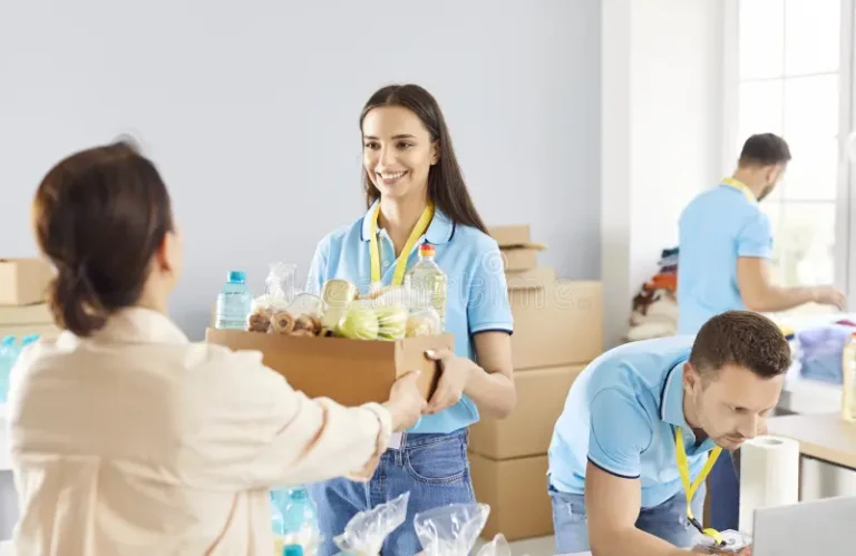 Volunteers preparing food donations